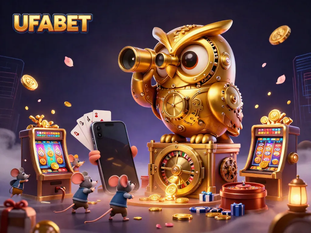 Experience UFABET with a vibrant owl mascot surveying a lively casino scene filled with gaming elements.