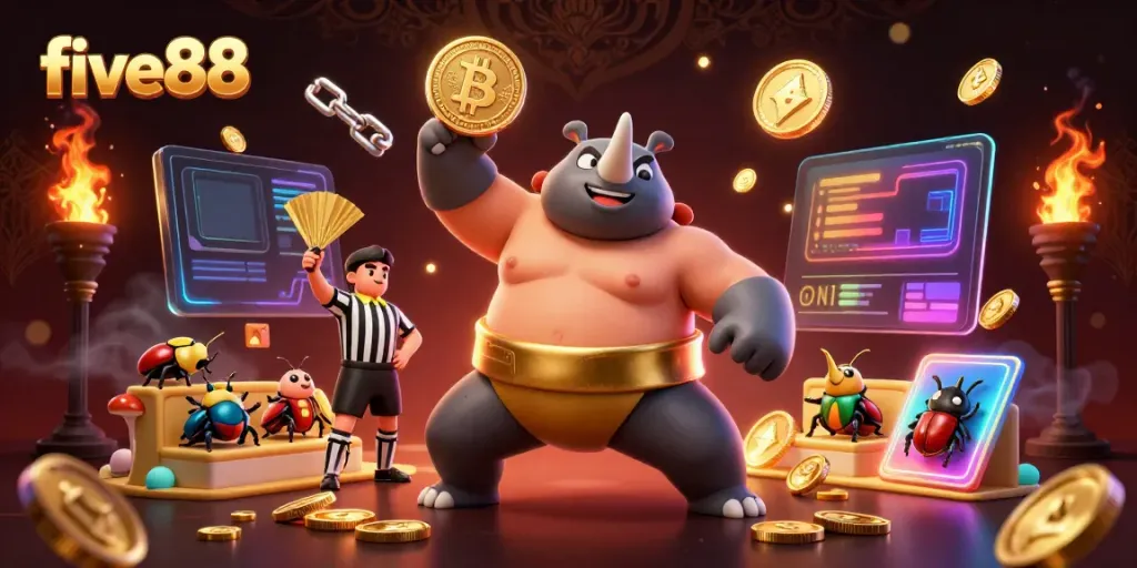 Experience thrilling sumo wrestling action at five88, featuring flying coins and dynamic crypto elements.