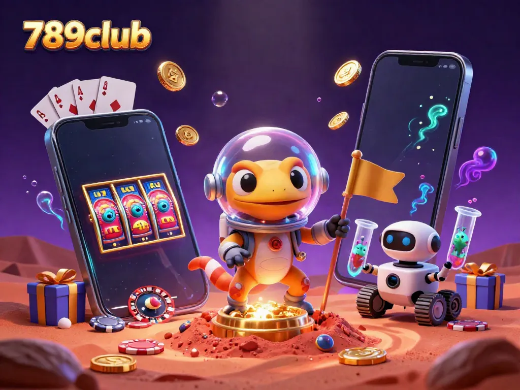Engage in thrilling gaming at 789club with Martian gecko discovering a golden casino.