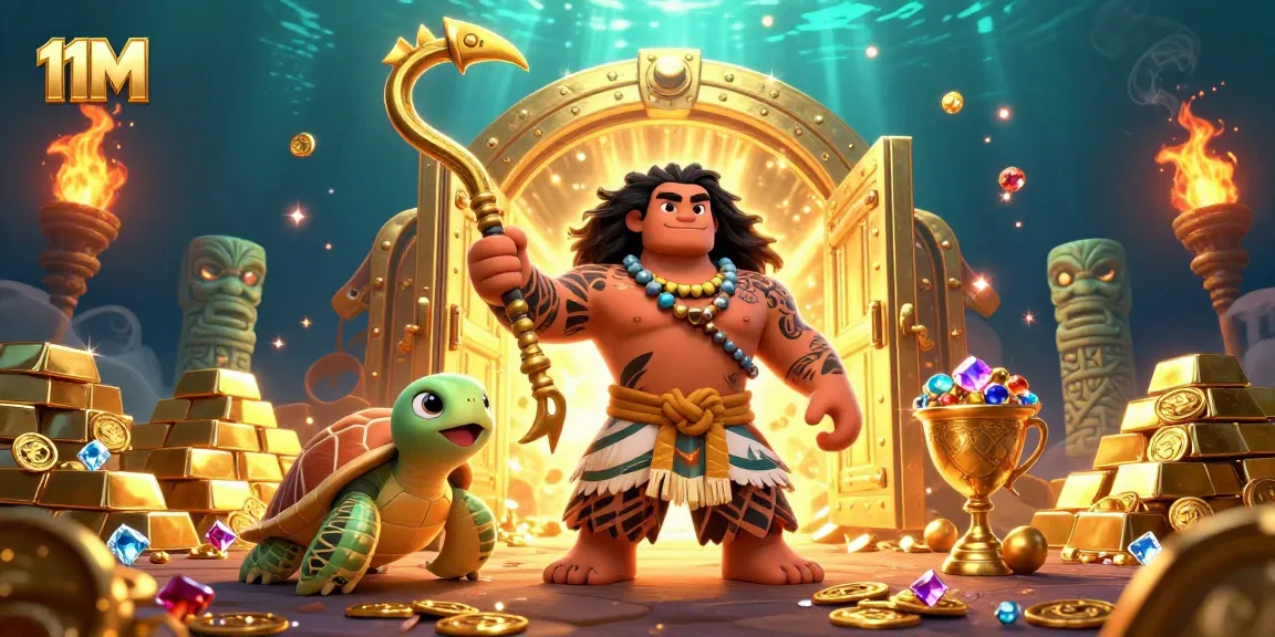 Win exciting rewards with 11M's action-packed casino adventure featuring treasure and characters.
