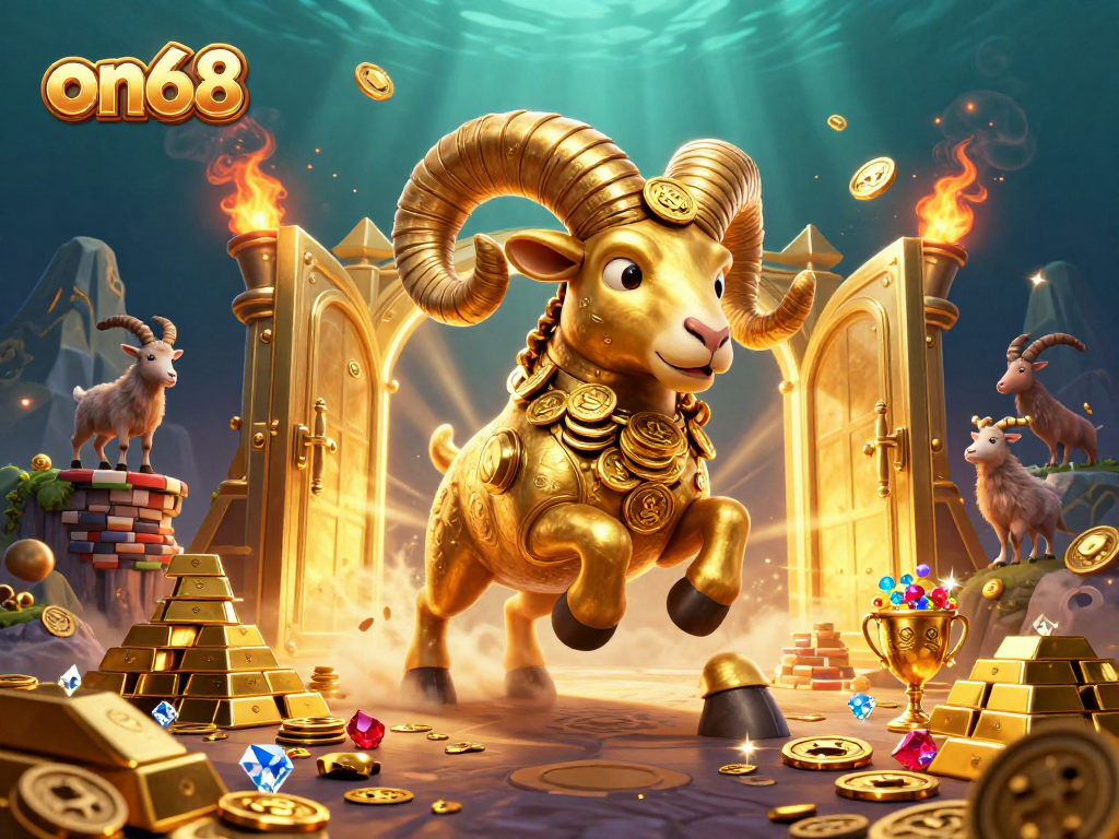 Experience gaming excitement with on68, featuring a golden ram charging towards treasures and jackpots.