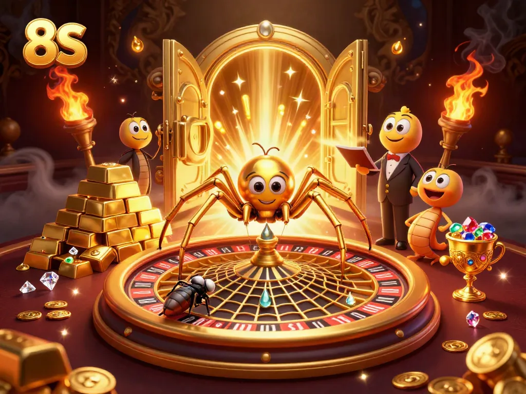 Engage in thrilling bets at the 8S roulette wheel as a golden spider spins its web.