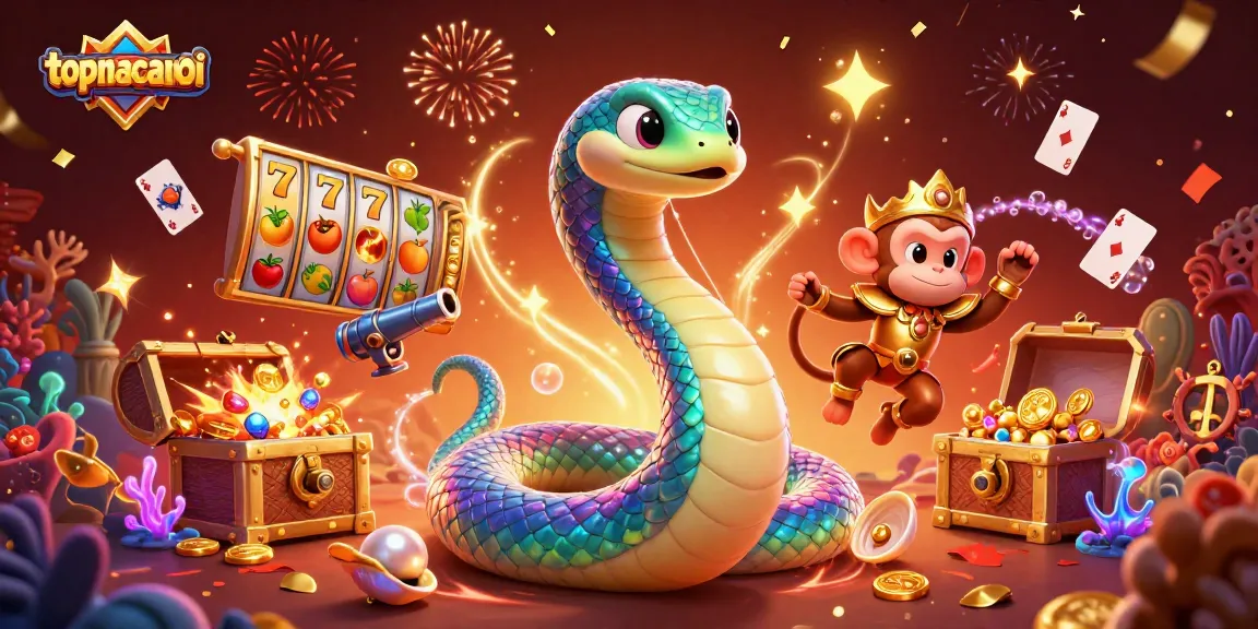 The thrilling topnhacaimoi experience comes alive with a vibrant 3D casino celebration featuring a rainbow serpent and playful monkey king.