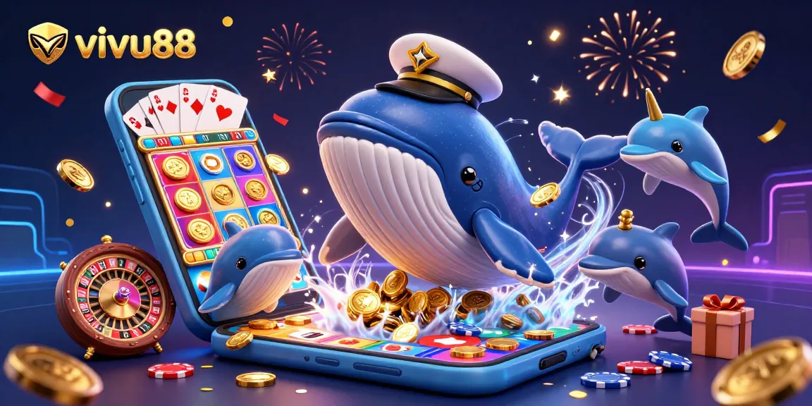 Engage with vivu88's thrilling gambling scene featuring a whimsical whale and dynamic casino elements.