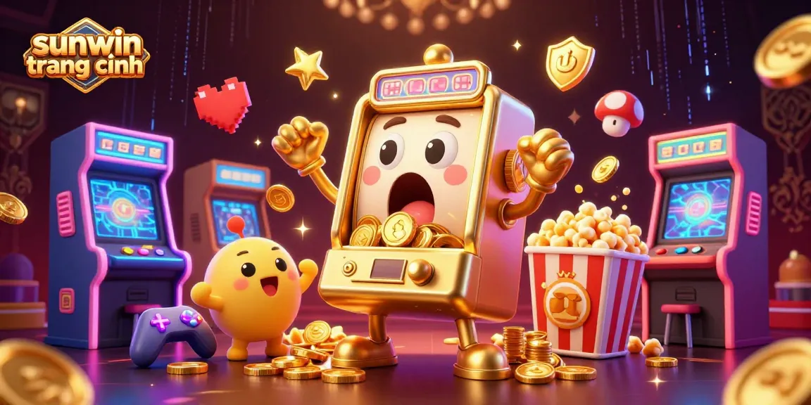 Experience the excitement of sunwin trang chính as cartoon slot machines hit jackpots surrounded by vibrant gaming elements.