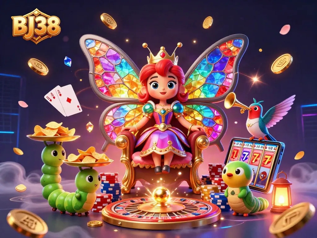 Spin the 3D roulette wheel in an enchanting casino-themed scene featuring BJ38 with shimmering gold coins and vibrant game elements.
