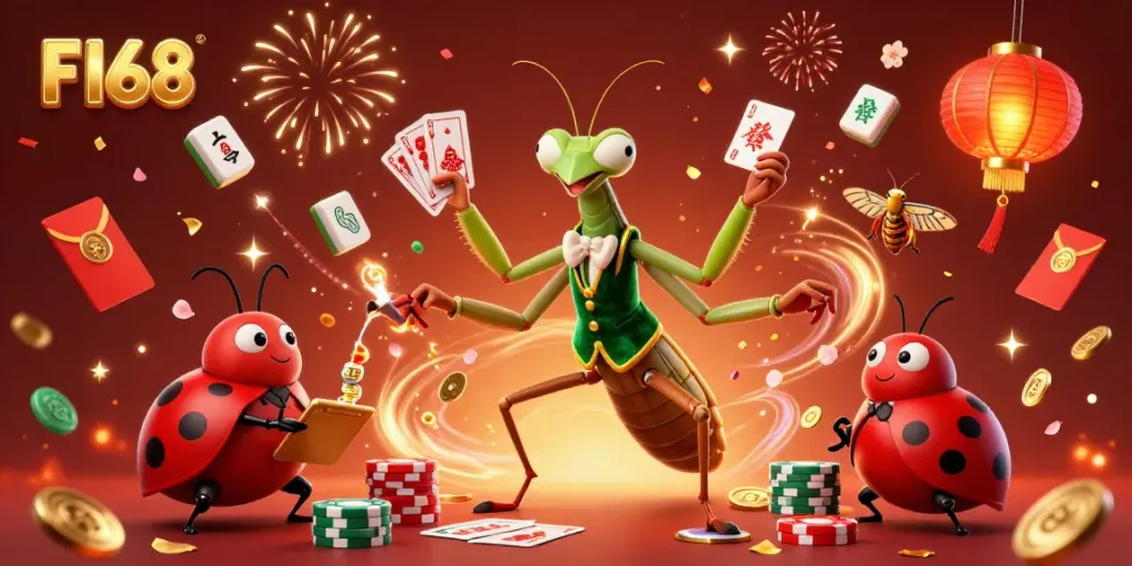 F168 showcases a vibrant casino scene with a giant mantis card sharp and ladybug pit boss amidst floating games, capturing festive energy.