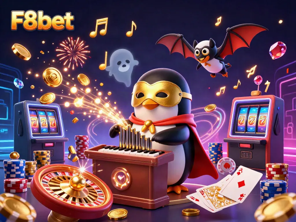 Experience lively gaming with F8bet as a phantom penguin plays organ while golden coins rain down.