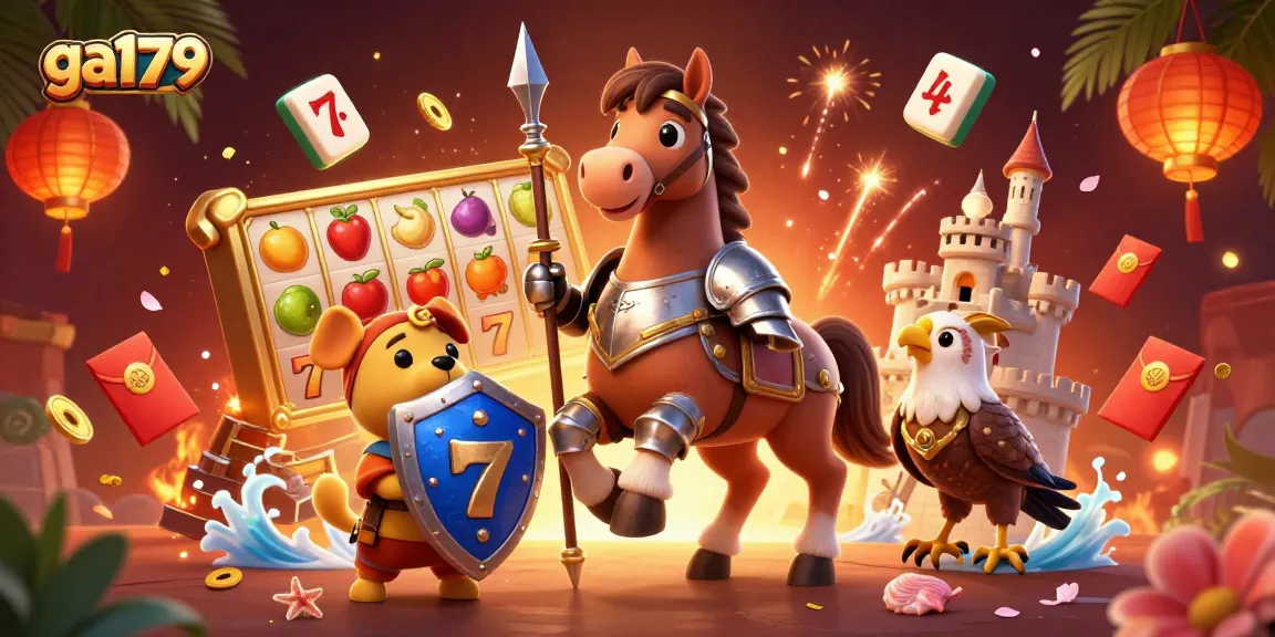 Experience exciting gameplay with ga179 as a medieval knight and friends celebrate wins.