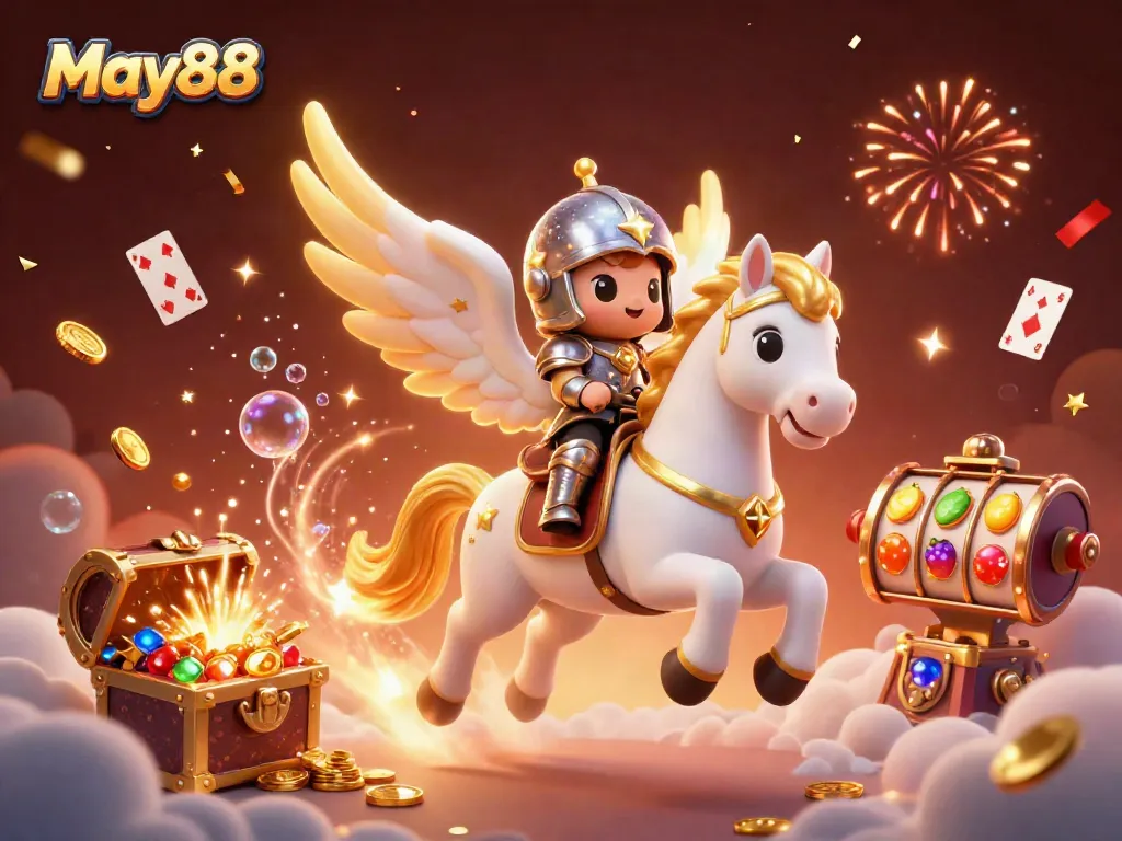 Experience May88's thrilling world as a celestial knight rides a magical horse amid casino elements.