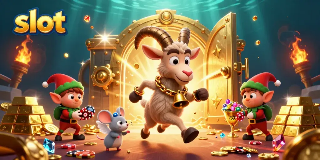 Spin the slot for jackpots in this vibrant casino scene filled with characters and treasures.