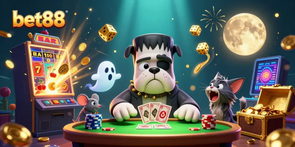 Bet88 engaging slot game scene with cartoon characters and jackpot elements capturing the thrilling casino atmosphere.