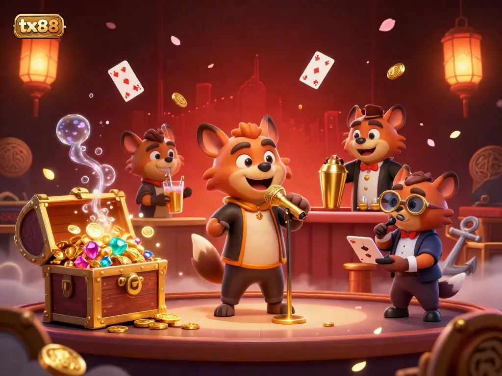 tx88 offers a vibrant casino experience with cartoon hyenas in a dynamic comedy club scene.