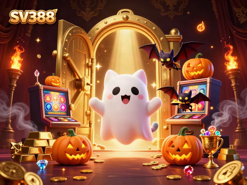 Engage with SV388 in an energetic haunted casino scene featuring a ghost cat and treasures.