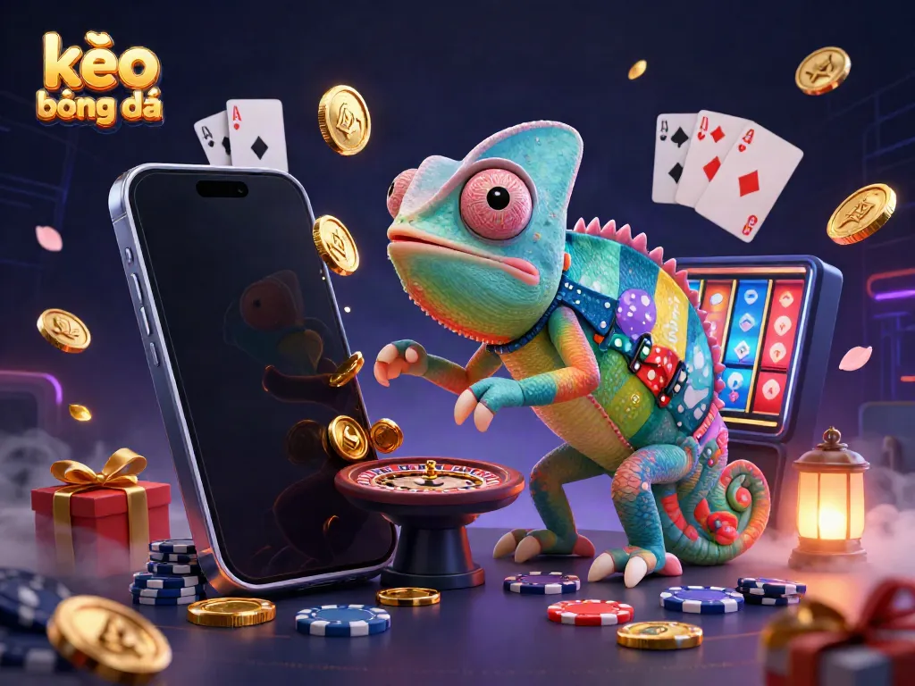 Engage in thrilling kèo bóng đá action with a colorful chameleon casino owner amidst scattered coins and gaming elements.