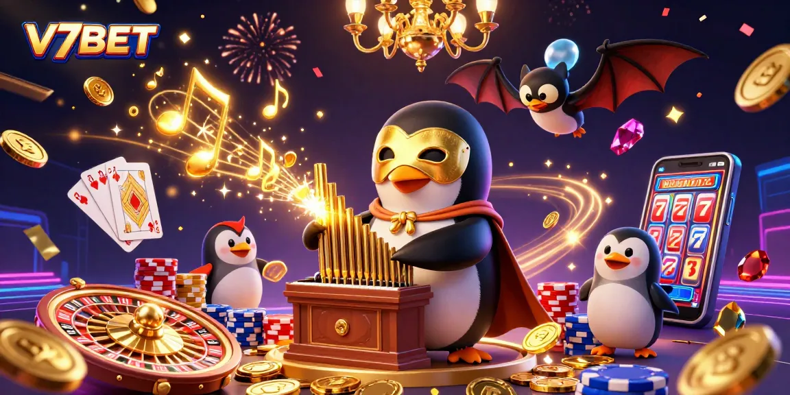Join the excitement at V7BET with vibrant casino elements and wins aplenty in this dynamic illustration.