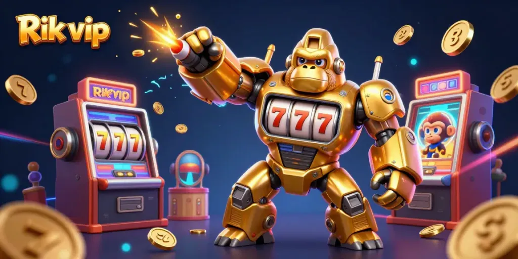 Play exciting slot games with Rik vip featuring a golden gorilla mech and vibrant casino elements.