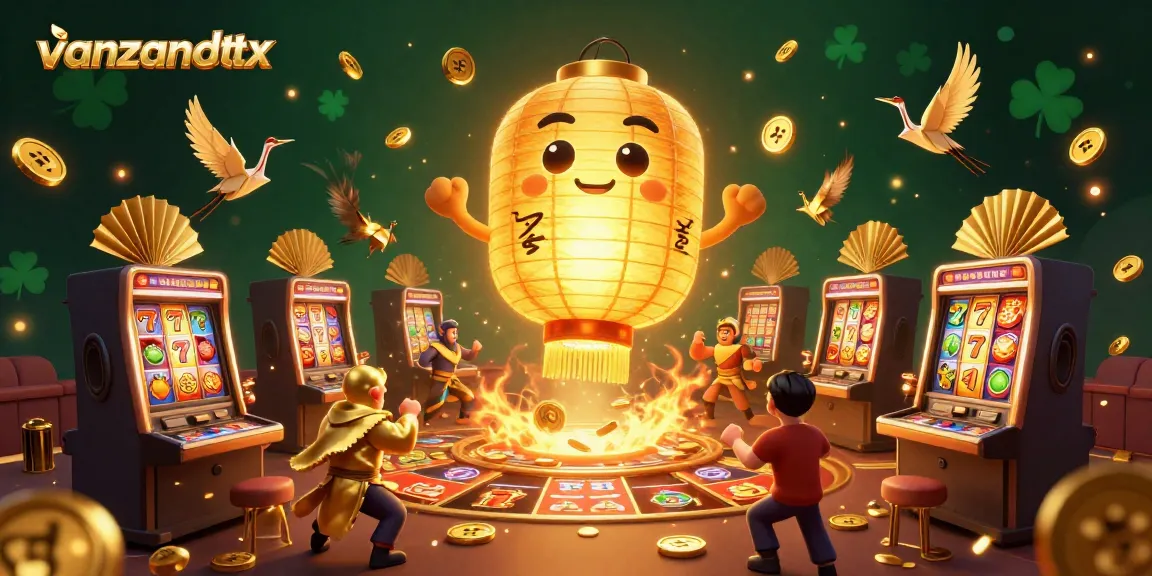 Experience thrilling casino action with vanzandttx as the glowing lantern spirit captivates in a bustling slot scene.