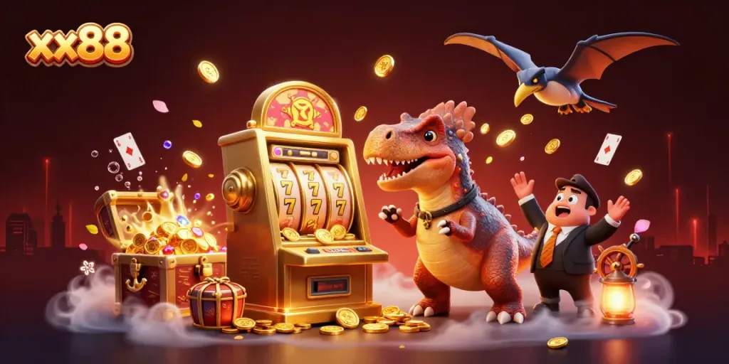 Experience the excitement of xx88 casino with a playful dinosaur theme, showcasing a jackpot win.