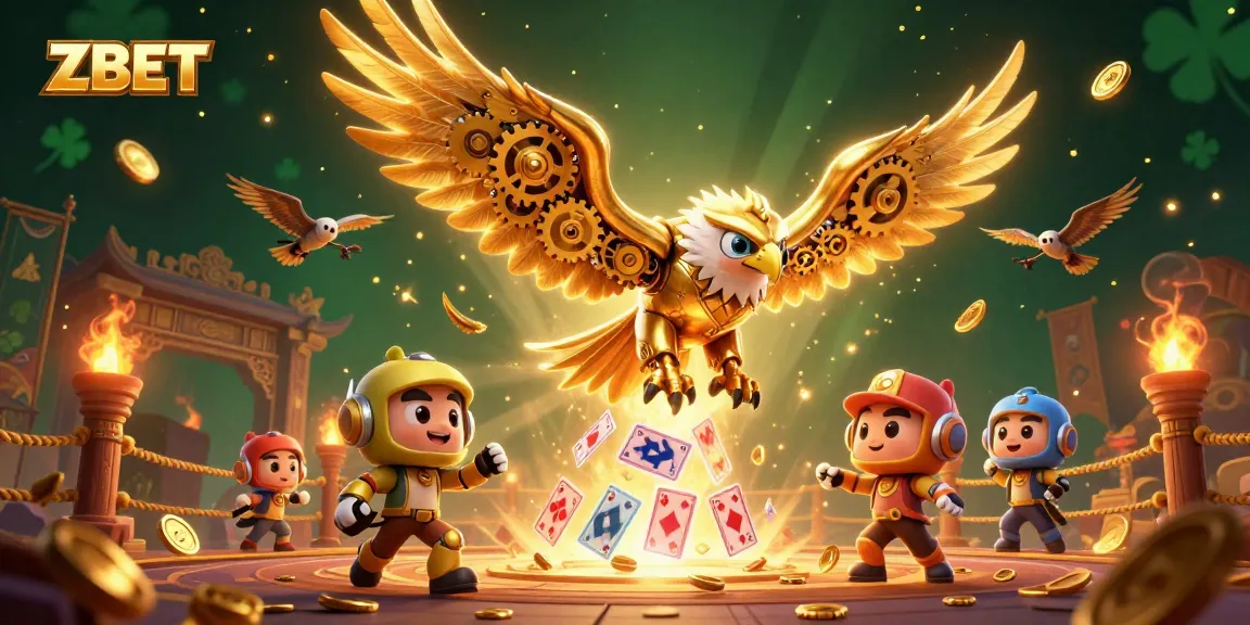 ZBET showcases a 3D golden eagle amidst holographic playing cards, capturing the thrill of online gaming.