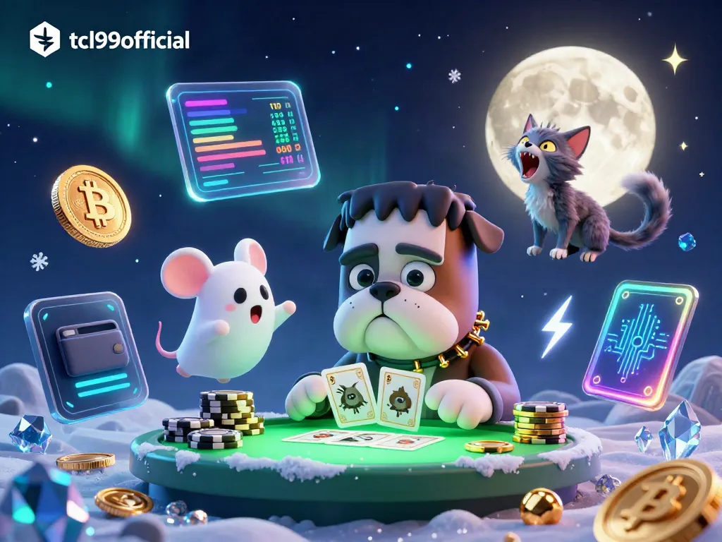 Tcl99official casino scene with a Frankenstein bulldog dealer, ghost mouse, and werewolf kitten amidst crypto elements.
