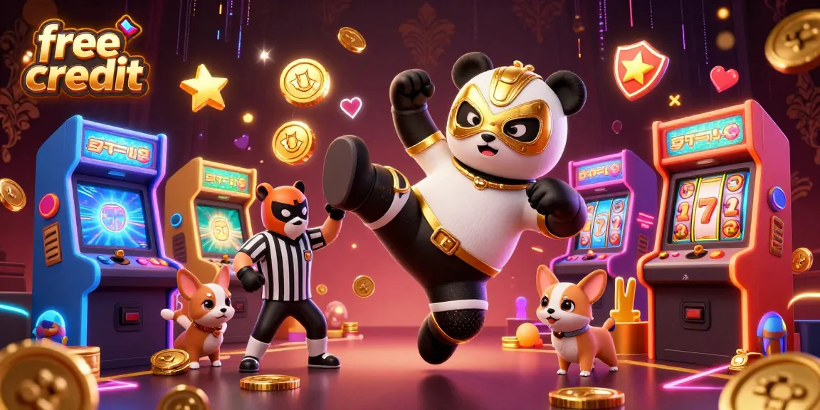 Jump into free credit excitement with vibrant casino action featuring a panda wrestler and roaring crowd!