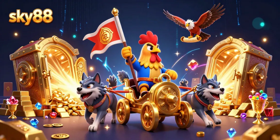 Sky88 unleashes excitement with a 3D rooster warlord and treasure in this gambling scene.