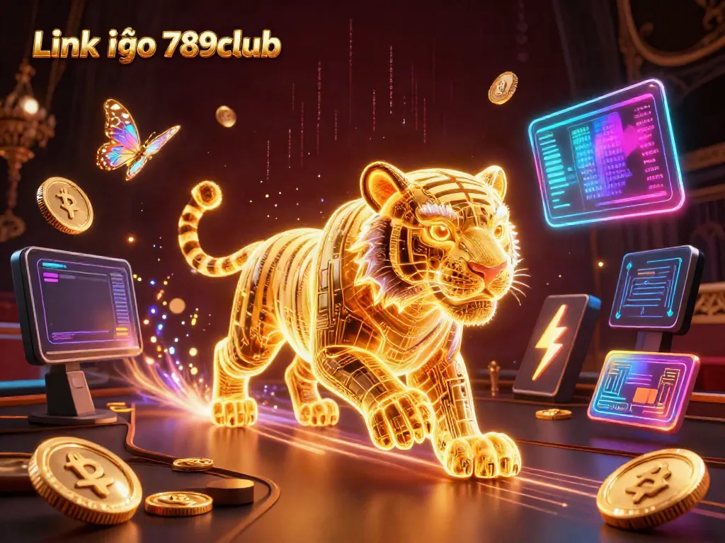 Engage in thrilling action at the Link vào 789club, showcasing a vibrant digital casino with glowing coins and a golden tiger.