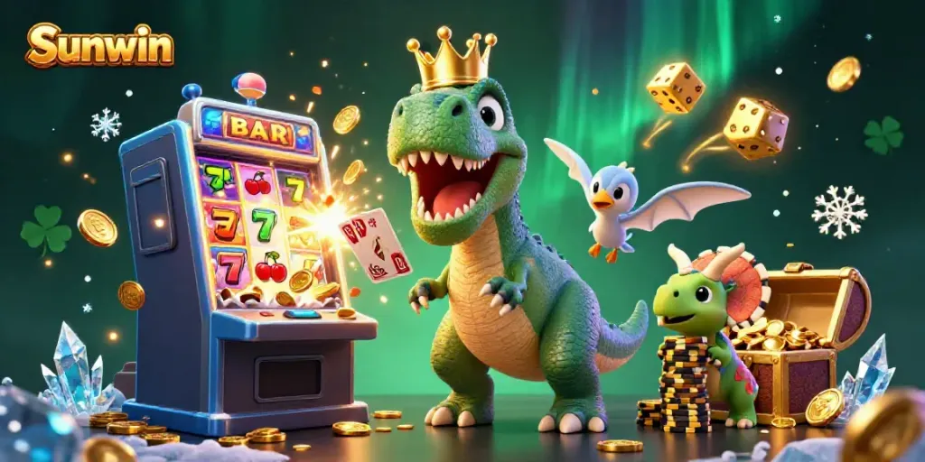 Engage with Sunwin's dynamic casino scene featuring card-playing dinosaurs and rich gold rewards.