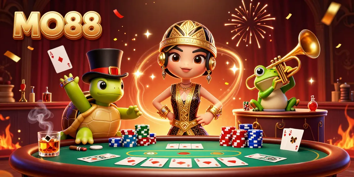 Engage with MO88 at a lively casino featuring whimsical characters and vibrant gambling elements.