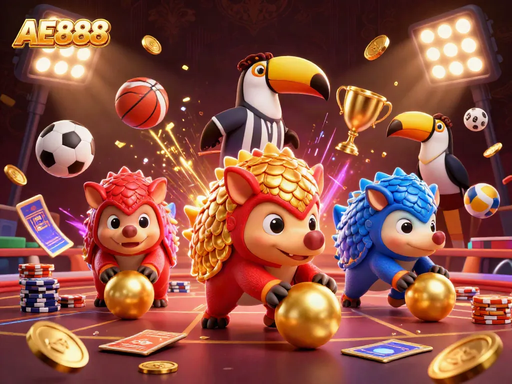 Experience the excitement of AE888 with rival pangolins competing amidst gaming action and vibrant visuals.
