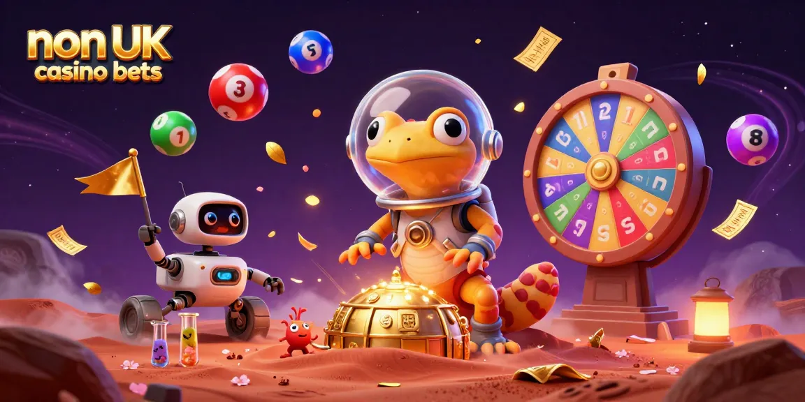 Experience non UK casino bets with an adventurous Martian gecko discovering a golden casino on Mars, surrounded by lively gaming elements.