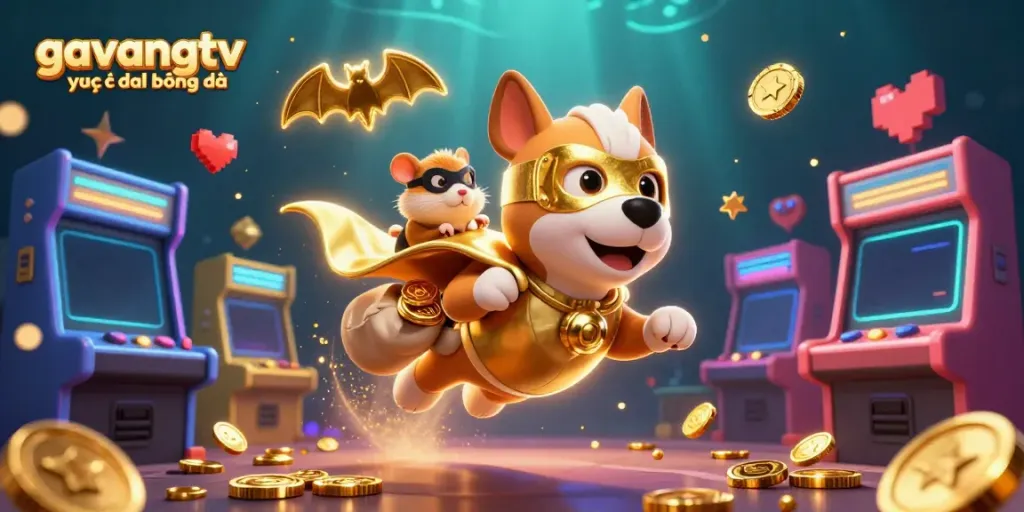 Engaging scene of gavangtv trực tiếp bóng đá with cartoon dog hero and golden coins, enhancing online betting experience.