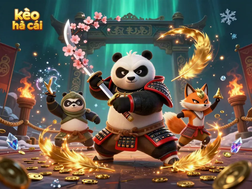 Engage with kèo nhà cái in an illustrated scene of dynamic samurai and ninja characters surrounded by betting elements.