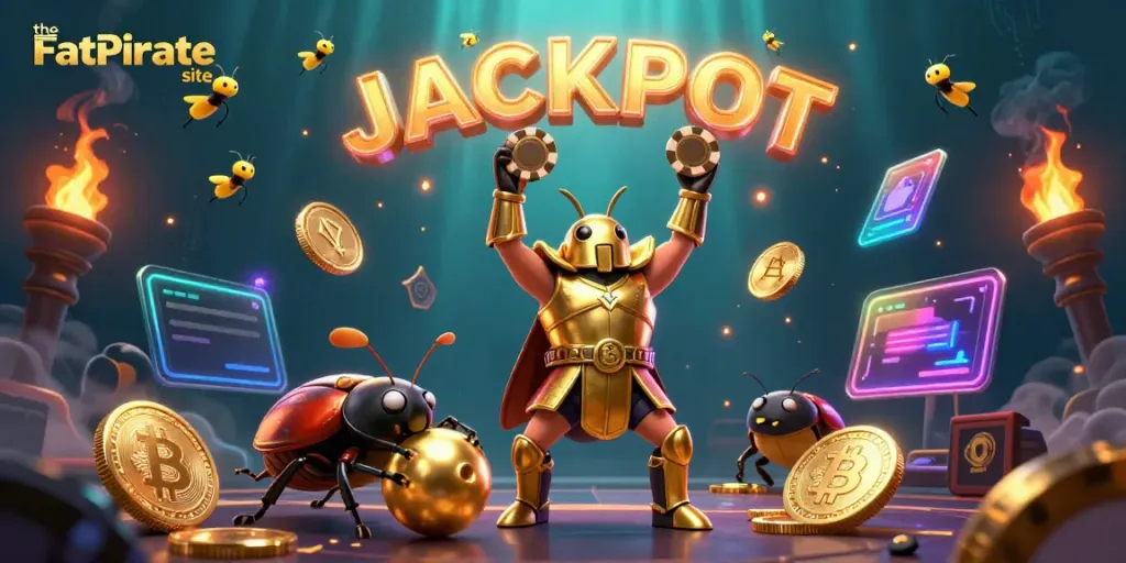 Experience thrilling wins at the FatPirate site with a vibrant jackpot scene featuring glowing coins and dynamic characters.