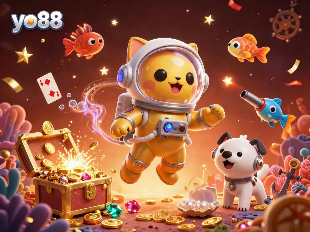 Engage in thrilling gameplay with yo88's dynamic casino illustration, featuring a golden space cat and vibrant gaming elements.