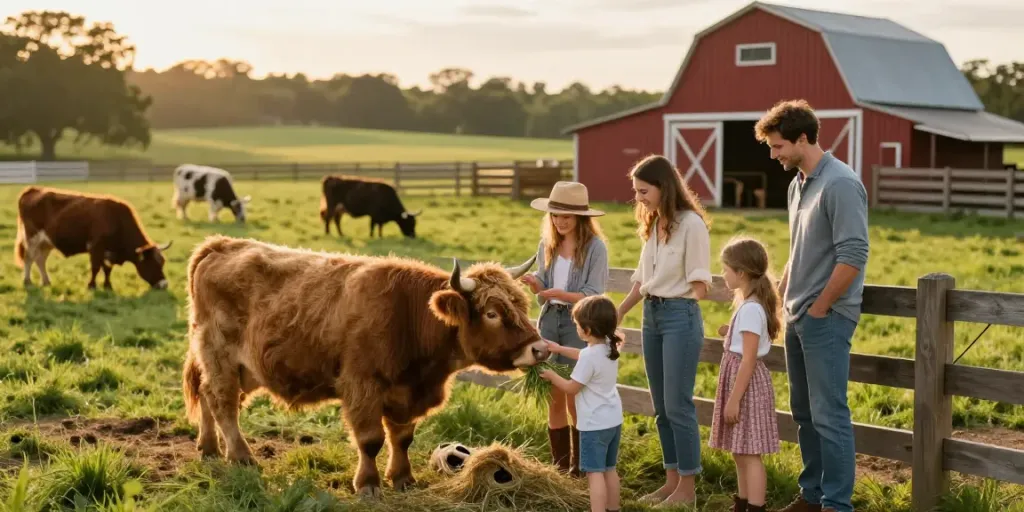 Family interacting with a Mini Highland cow at the mini moos farm during golden hour.