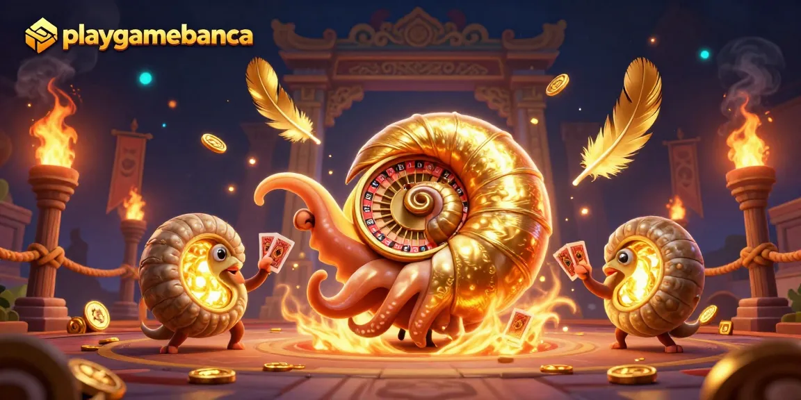 Engage with playgamebanca amidst vibrant casino elements and glowing ammonite companions.