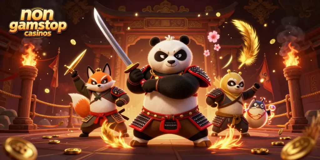 Engage with non gamstop casinos featuring heroic characters in a vibrant casino battle scene.