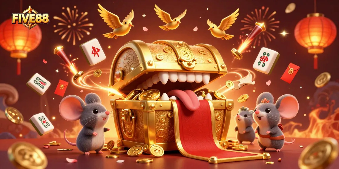 Experience the excitement at FIVE88 with adventurous mice discovering treasures amidst vibrant casino elements.