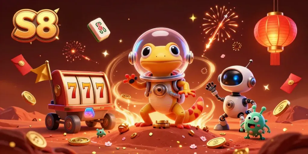 S8 online casino experience with a Martian gecko discovering a golden casino amidst vivid elements.