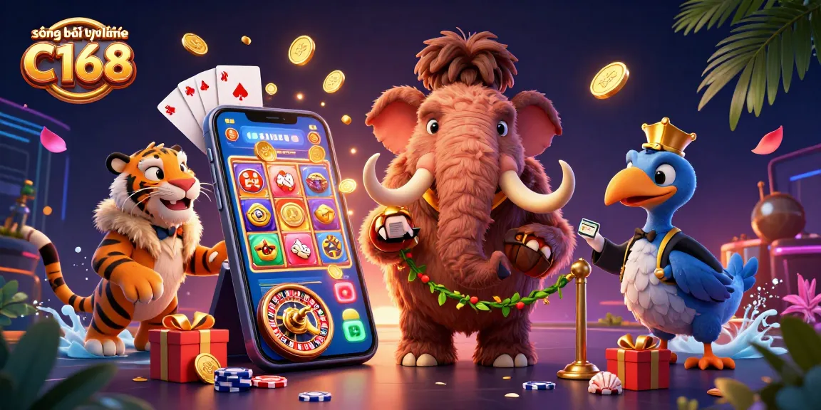 Engage with sòng bài trực tuyến C168, showcasing a vibrant scene with a mammoth bouncer and gaming elements.