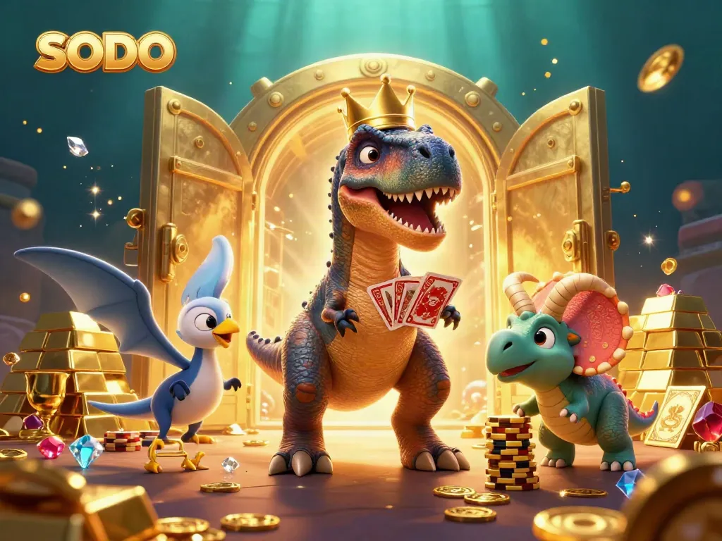 Engage in thrilling SODO casino adventures with animated T-Rex and friends in a vibrant gaming scene.