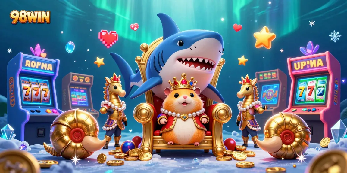Win big with 98WIN as a fierce hamster king reigns in a colorful casino world.