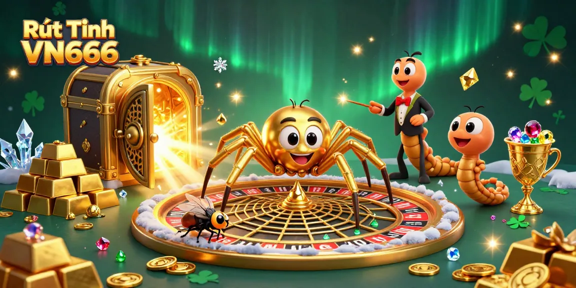 Spin the reel with Rút Tiền VN666, as the golden spider weaves through treasure-laden webs in this vibrant casino scene.