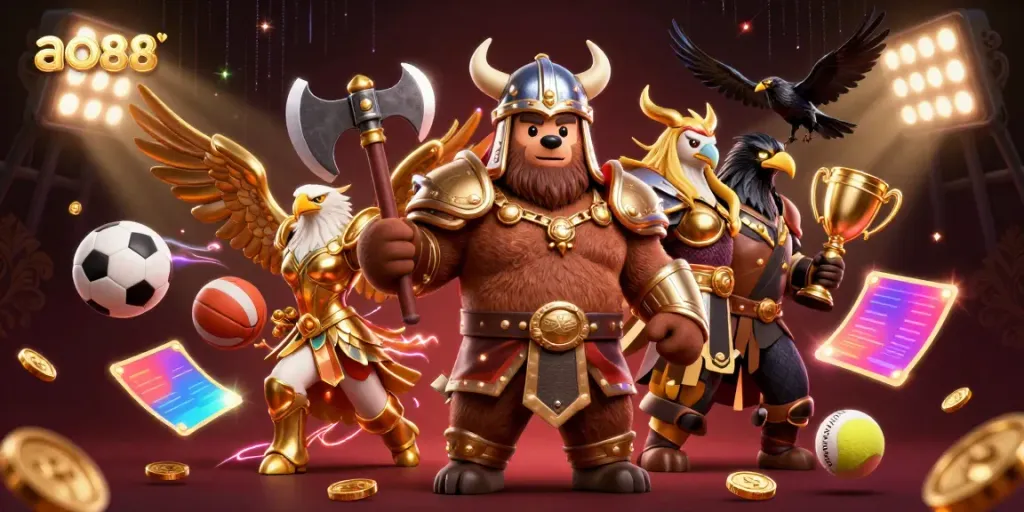 Experience the excitement of ao88 with a dramatic Viking bear and Valkyrie eagle amidst dynamic sports betting elements.