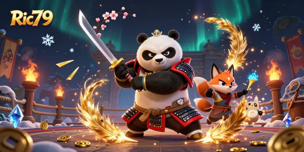 Engage in thrilling gameplay with Ric79 featuring samurai panda and ninja fox in a dynamic casino scene.