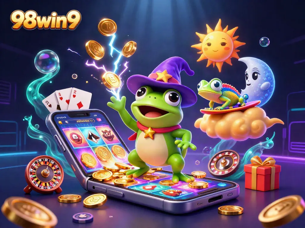 Engage in thrilling gameplay at 98win9 with a dynamic scene of enchanting characters and casino elements.