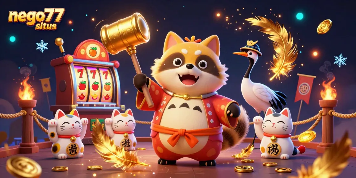 Experience the thrill at nego77 situs with colorful characters and dynamic slot machine reels.