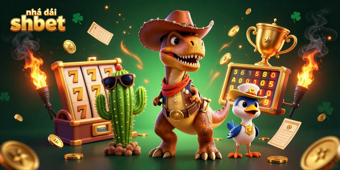 Spin and win with Nhà cái shbet in an exciting casino atmosphere filled with slot reels and golden trophies.
